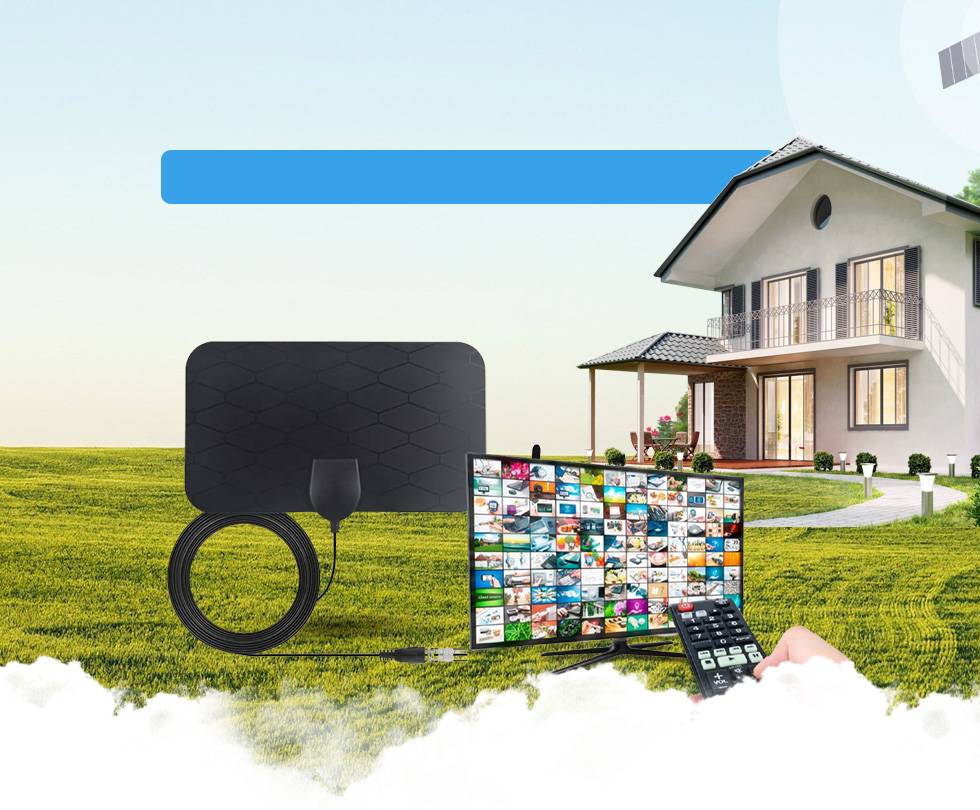 Компактна антена Signal Booster HDTV з кабелем поруч із телевізором на тлі заміського будинку